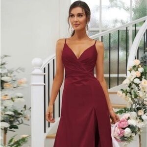 Hebeos Line/Princess Silk like Satin Ruched V-neck Sleeveless prom bridesmaid